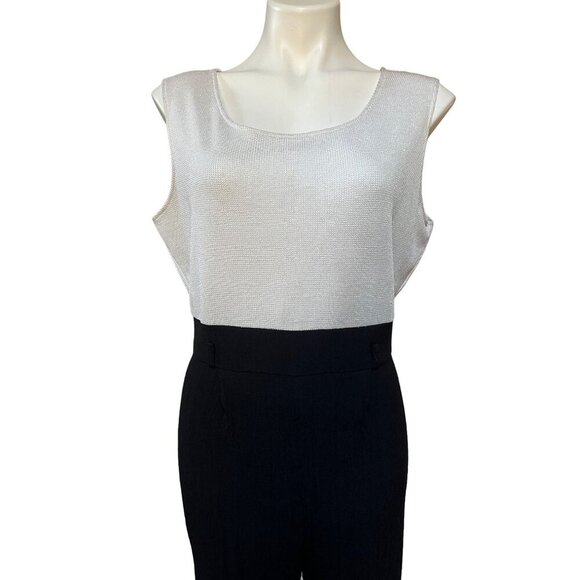 80s Jumpsuit White Waffle Knit Bodice, Crepe Rayon Pantsuit Minimalist Corpcore - Picture 5 of 9